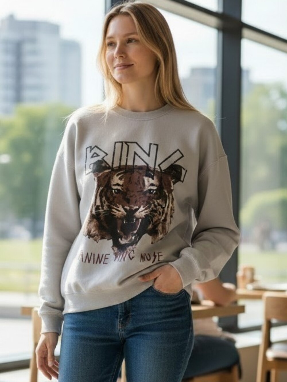 Unisex Anine Bing Light Gray Crewneck with Tiger Graphic